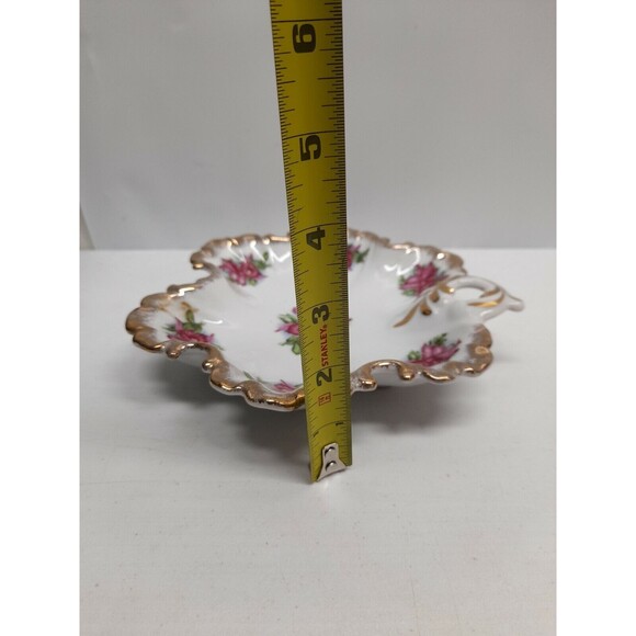 Vintage Rose Floral Vanity Candy Nut Trinket Dish Ruffled Gold Trim - Picture 7 of 8